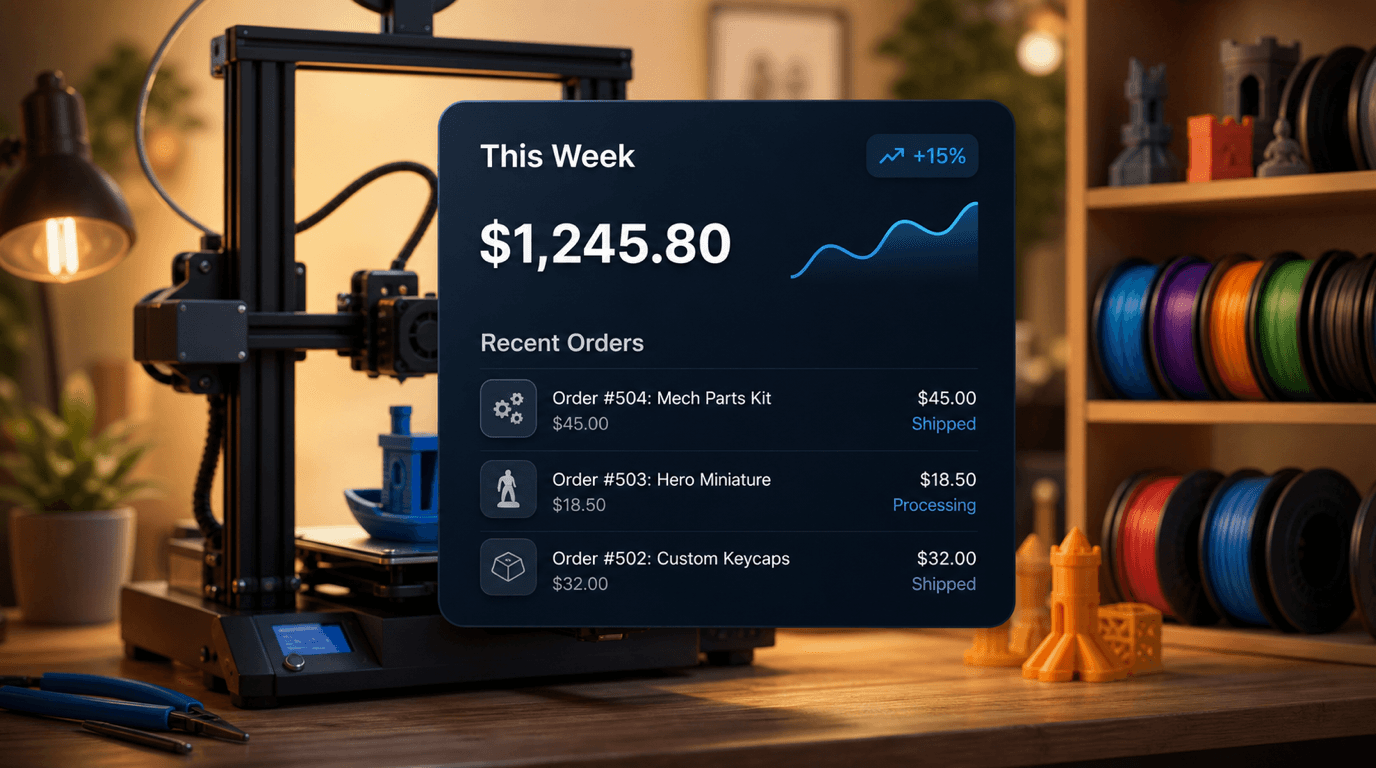 Benchy creator dashboard with weekly earnings and recent orders