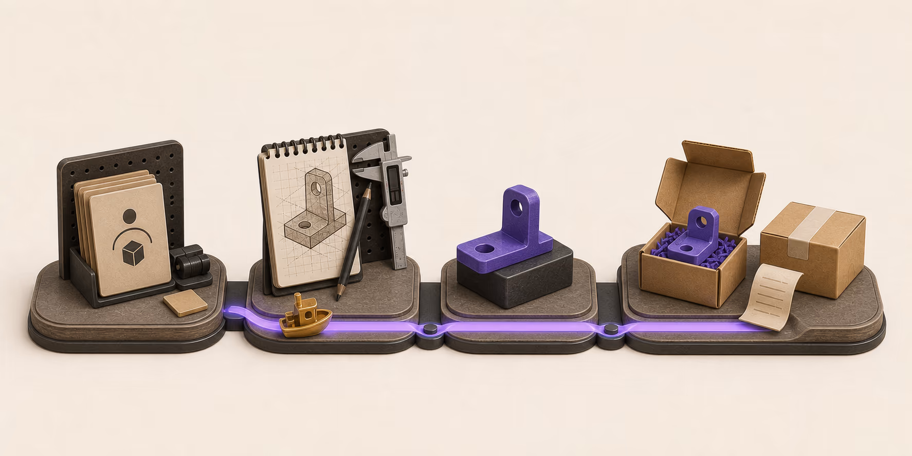 A miniature workshop sequence moves from a buyer problem card to a measured sketch, a clearly labeled prototype, and a packed paid order.
